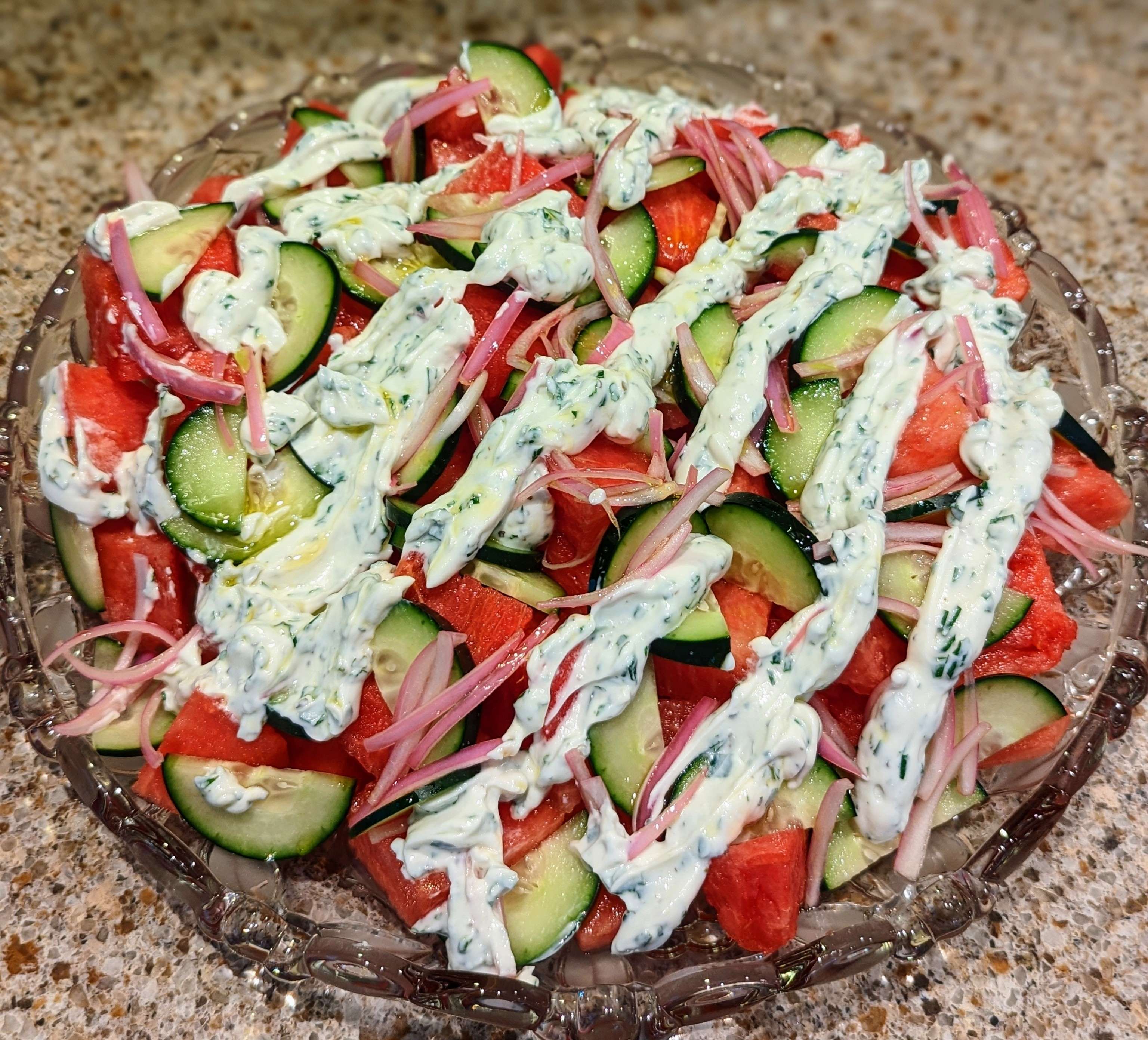 Watermelon Salad w/ Herb Yogurt Sauce