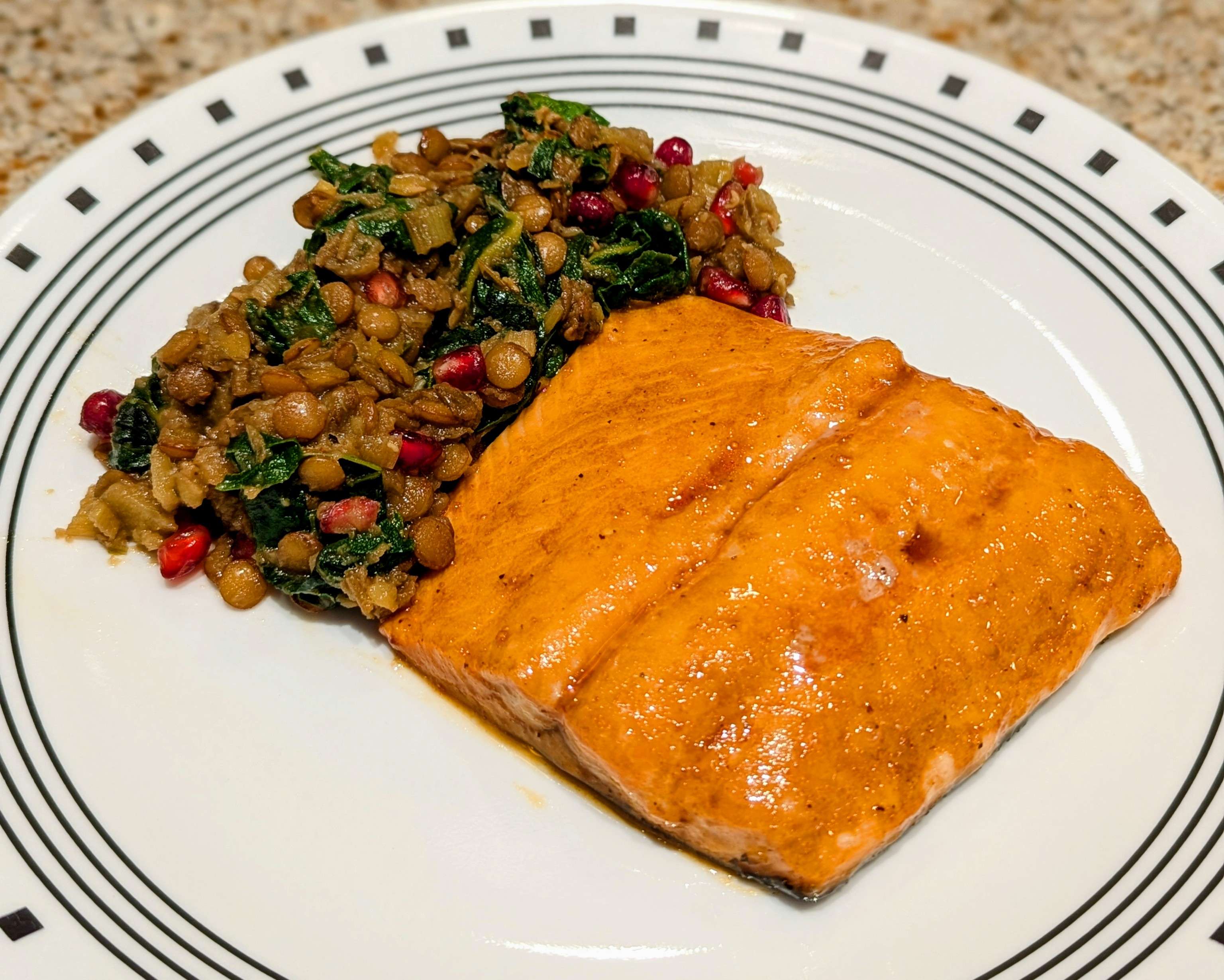 Pomegranate Roasted Salmon w/ Lentils & Chard