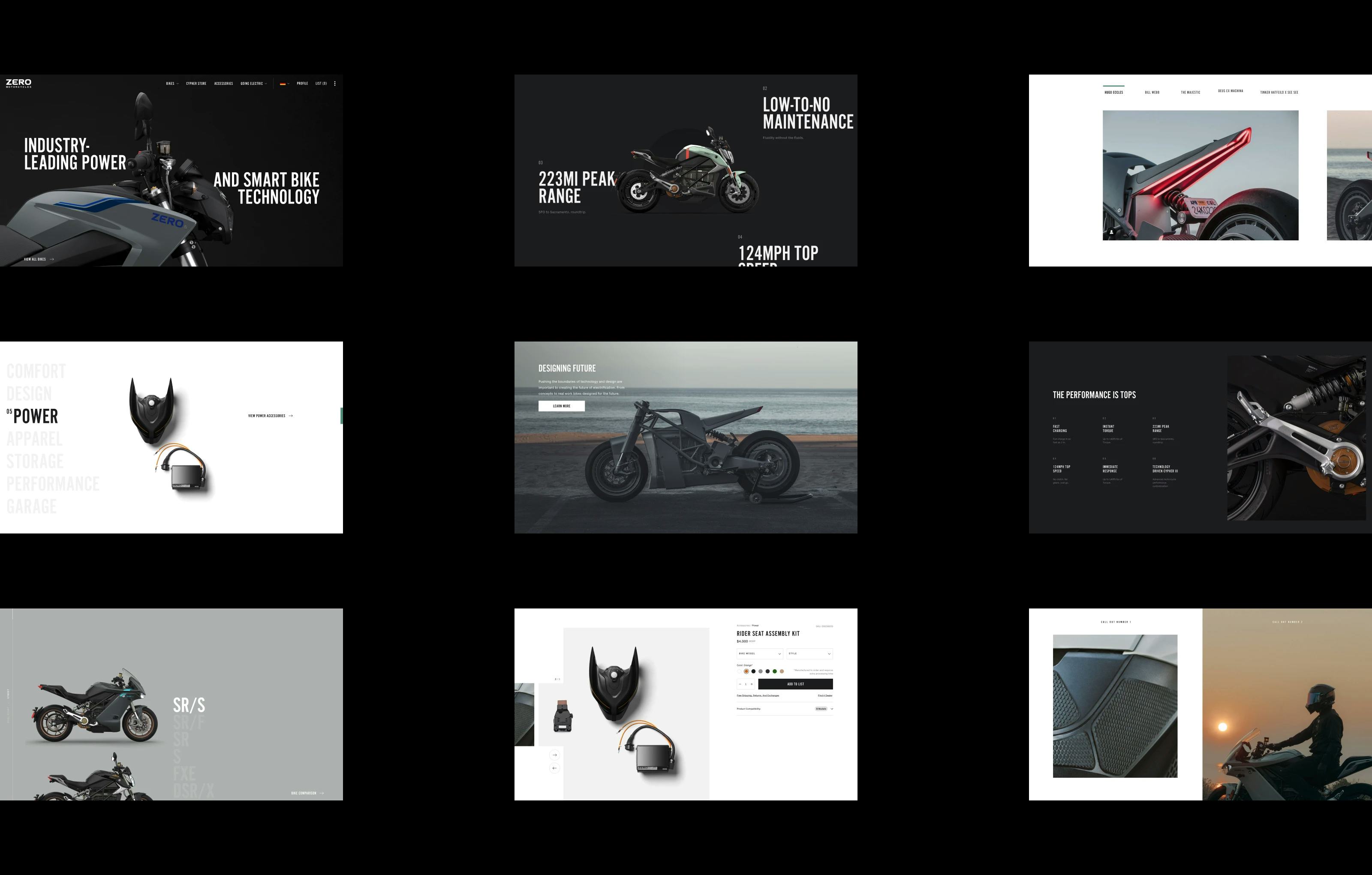A variety of web page layouts showcasing different Zero motorcycles and accessories.