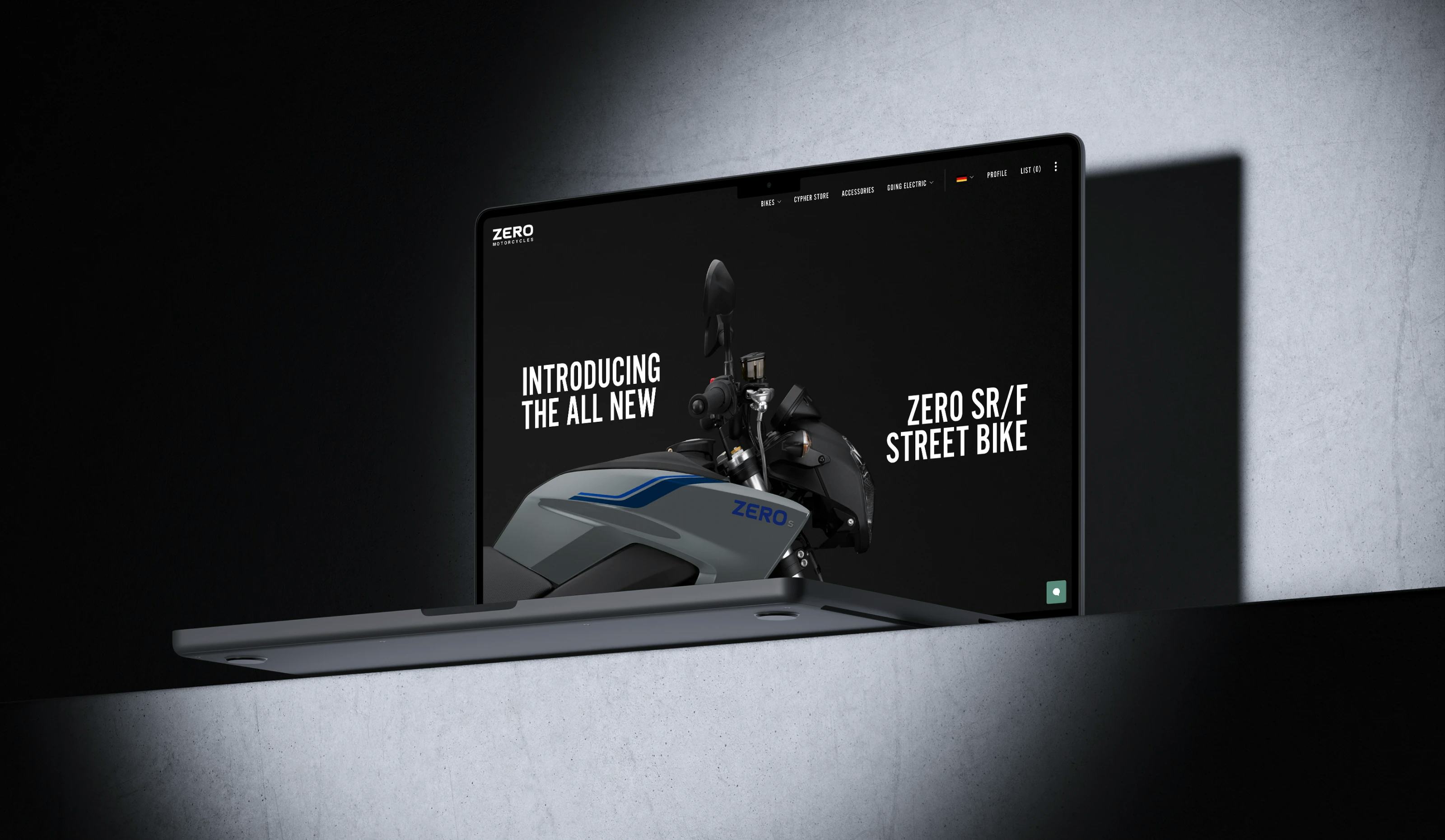 A motorcycle showcased on a website. 