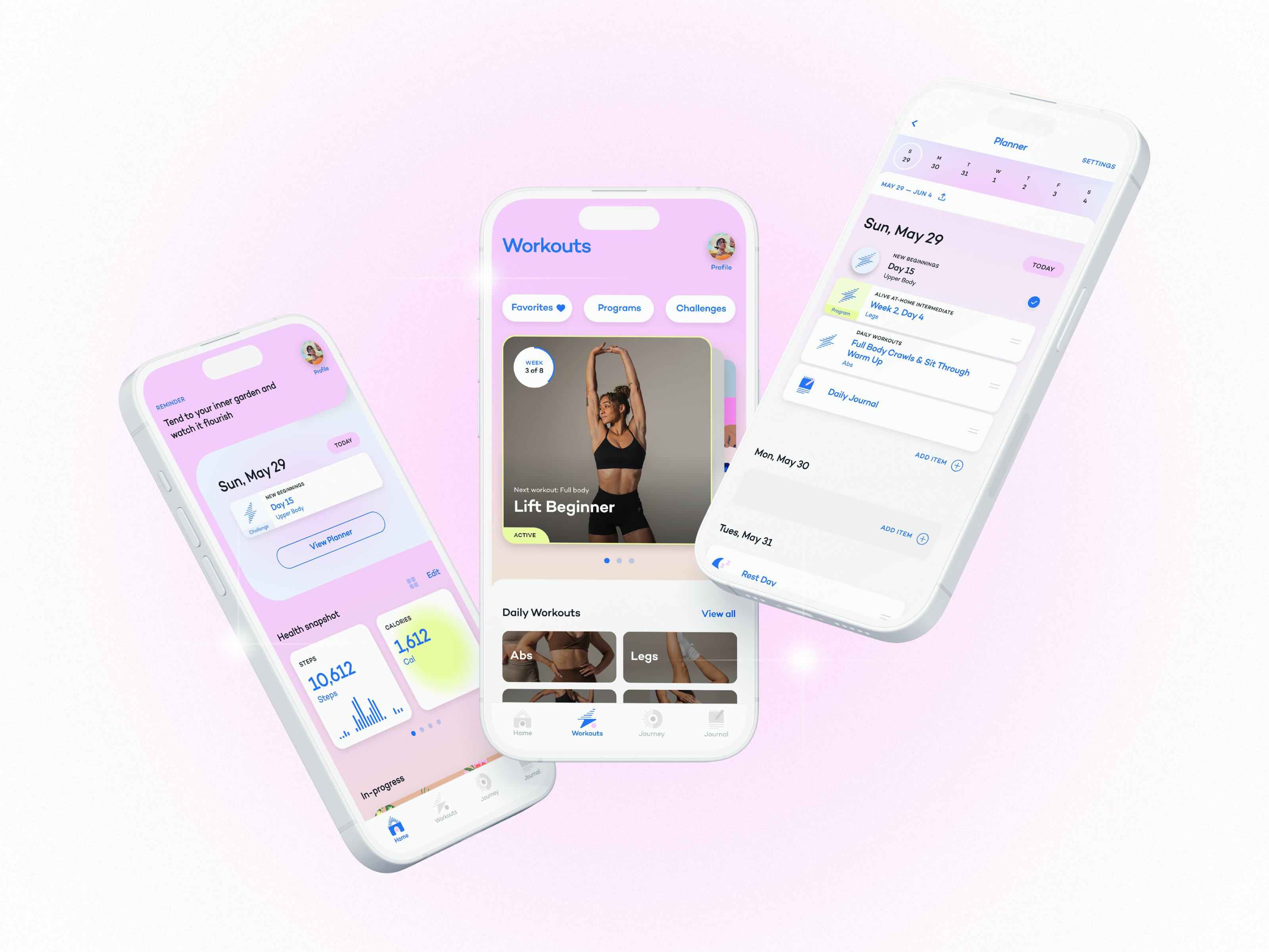Three iphone screens showing the user interface of the Alive app.