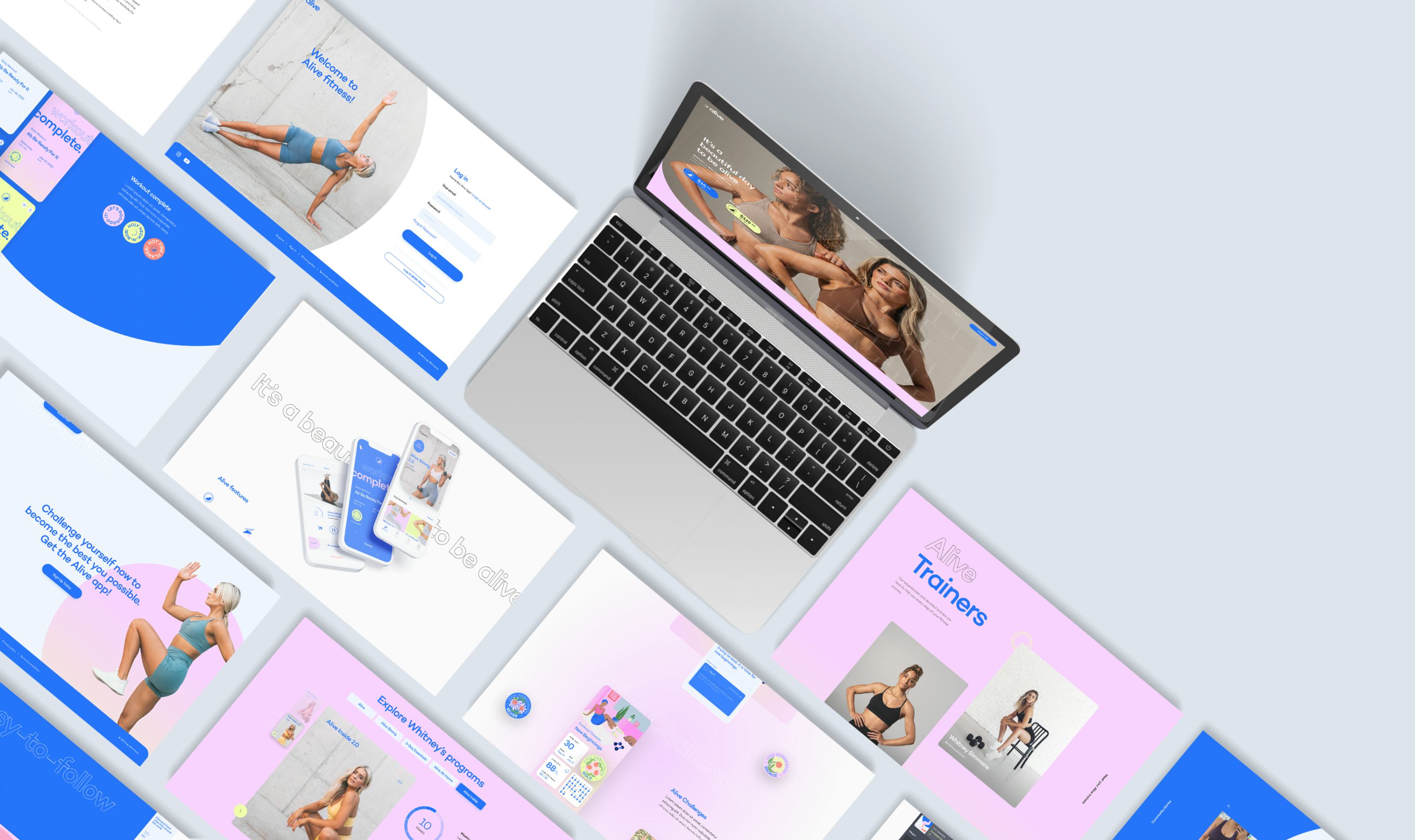 Laptop showcasing multiple screens on the Alive website.