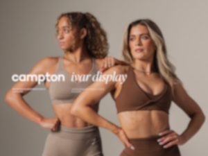 Two women in sports bras wearing neutral workout outfits. Campton and Ivar Display fonts displayed over the photo.