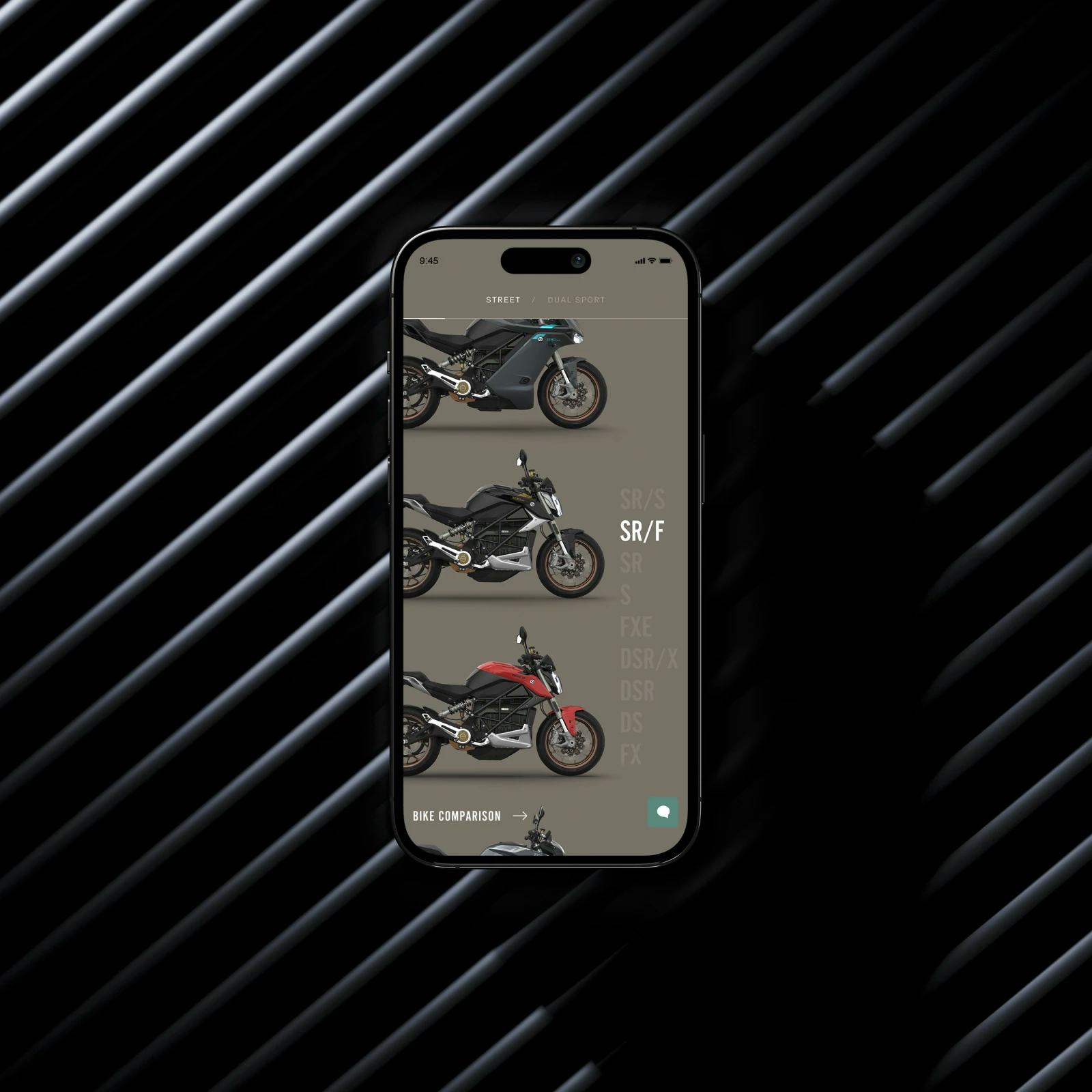 A smartphone showing Zero motorcycle models on its screen.