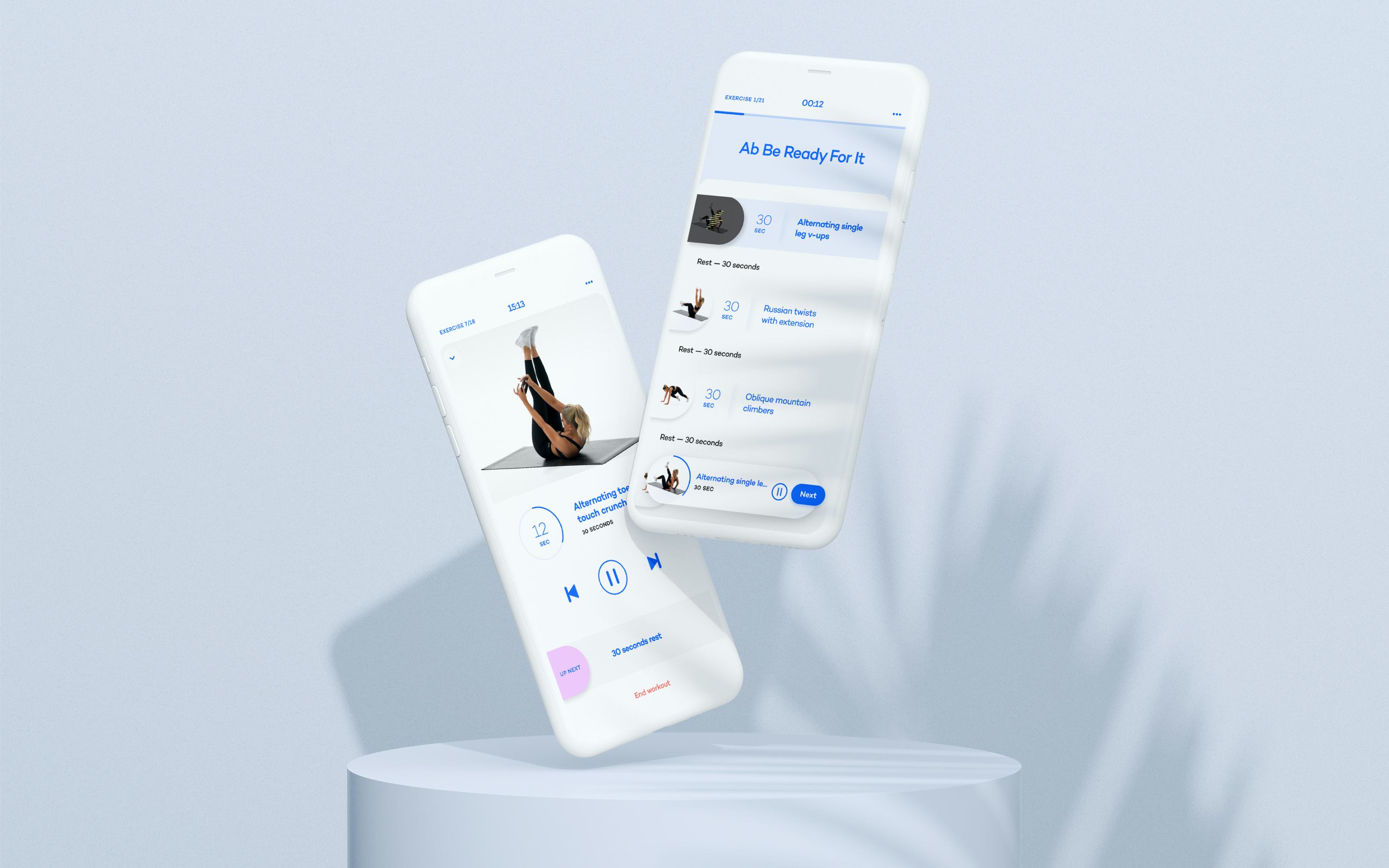 Two mobile screens displaying the Alive app workout screens.