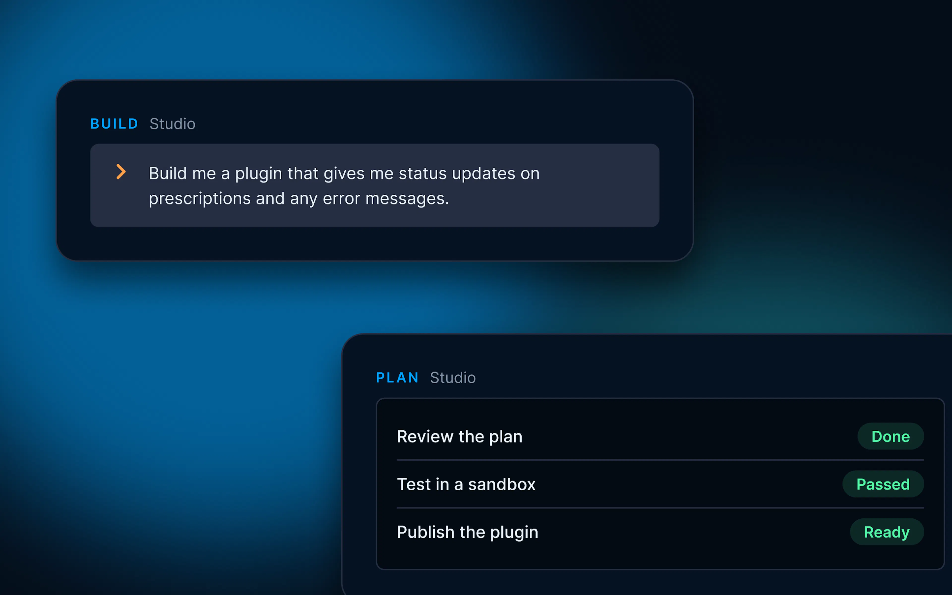 Studio: a plain-English prompt and the plan, sandbox test and publish steps