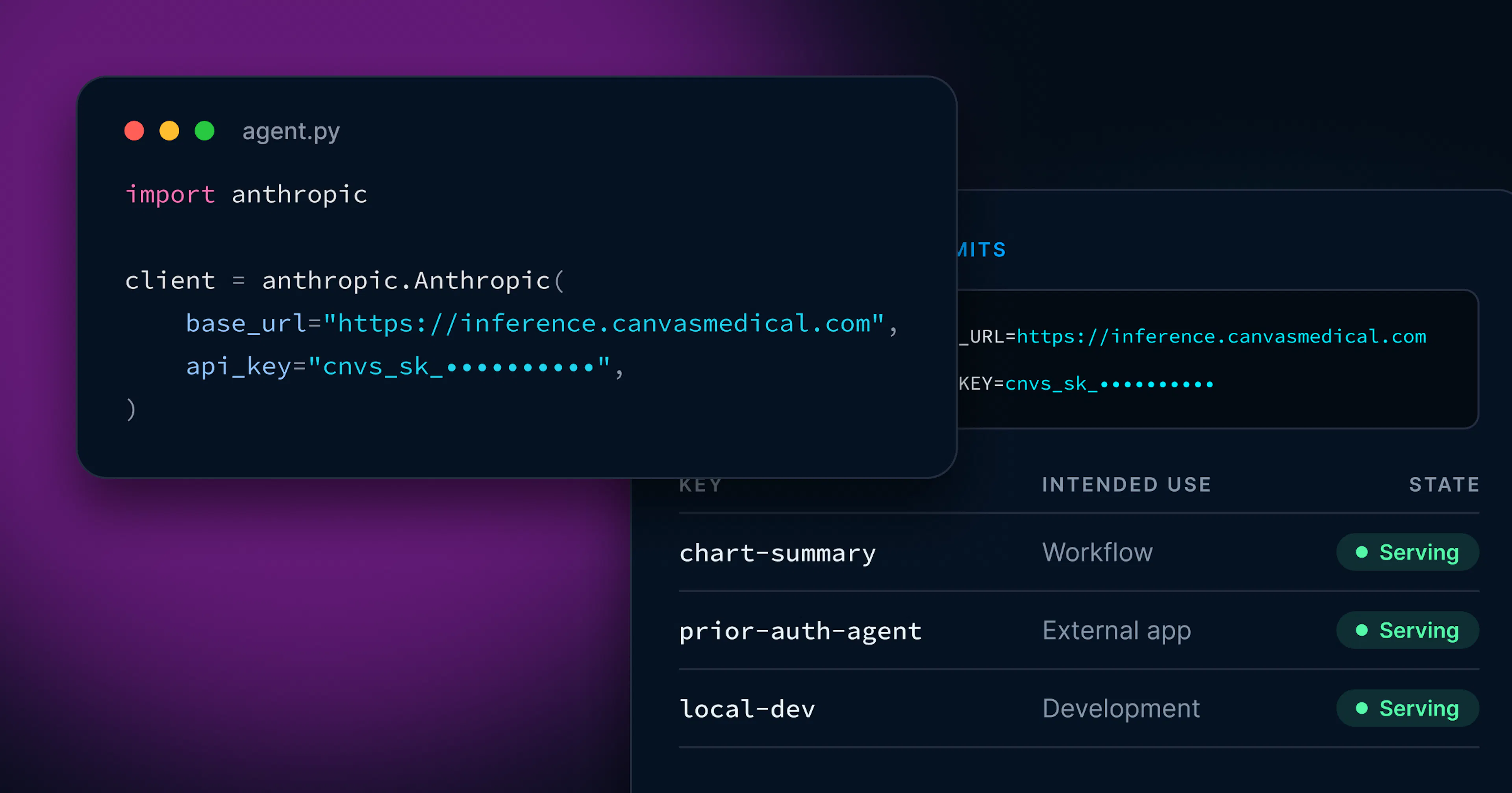 Inference Gateway: an Anthropic SDK client pointed at the Canvas gateway, and the Keys and limits page in Canvas Platform