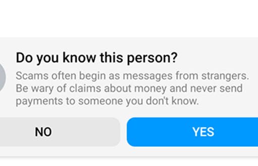 A fraud alert warning about scams and asking if the user knows the person who is messaging them.