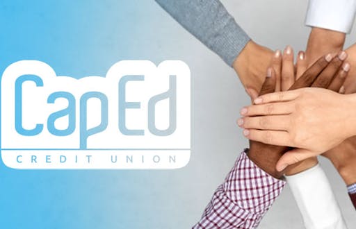 Hands from a variety of people coming together next to the CapEd logo.