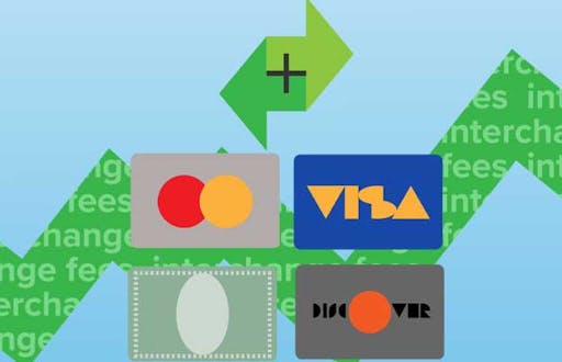 Stylized graphic of a variety of credit card types including Master Card, Discover, and Visa.