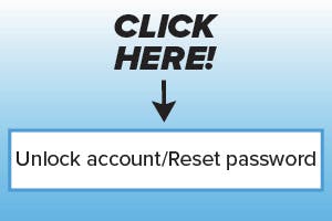 Click Here text pointing toward text saying Unlock Account/Reset password in a blue rectangle. 