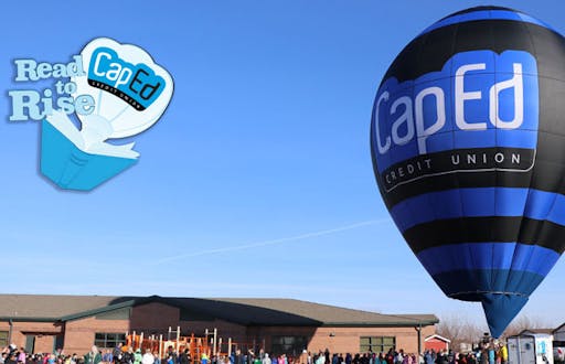 CapEd's hot air balloon, named Read to Rise, at an elementary school.