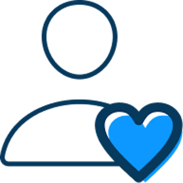A single line dark blue icon of a persons torso with a blue heart over it