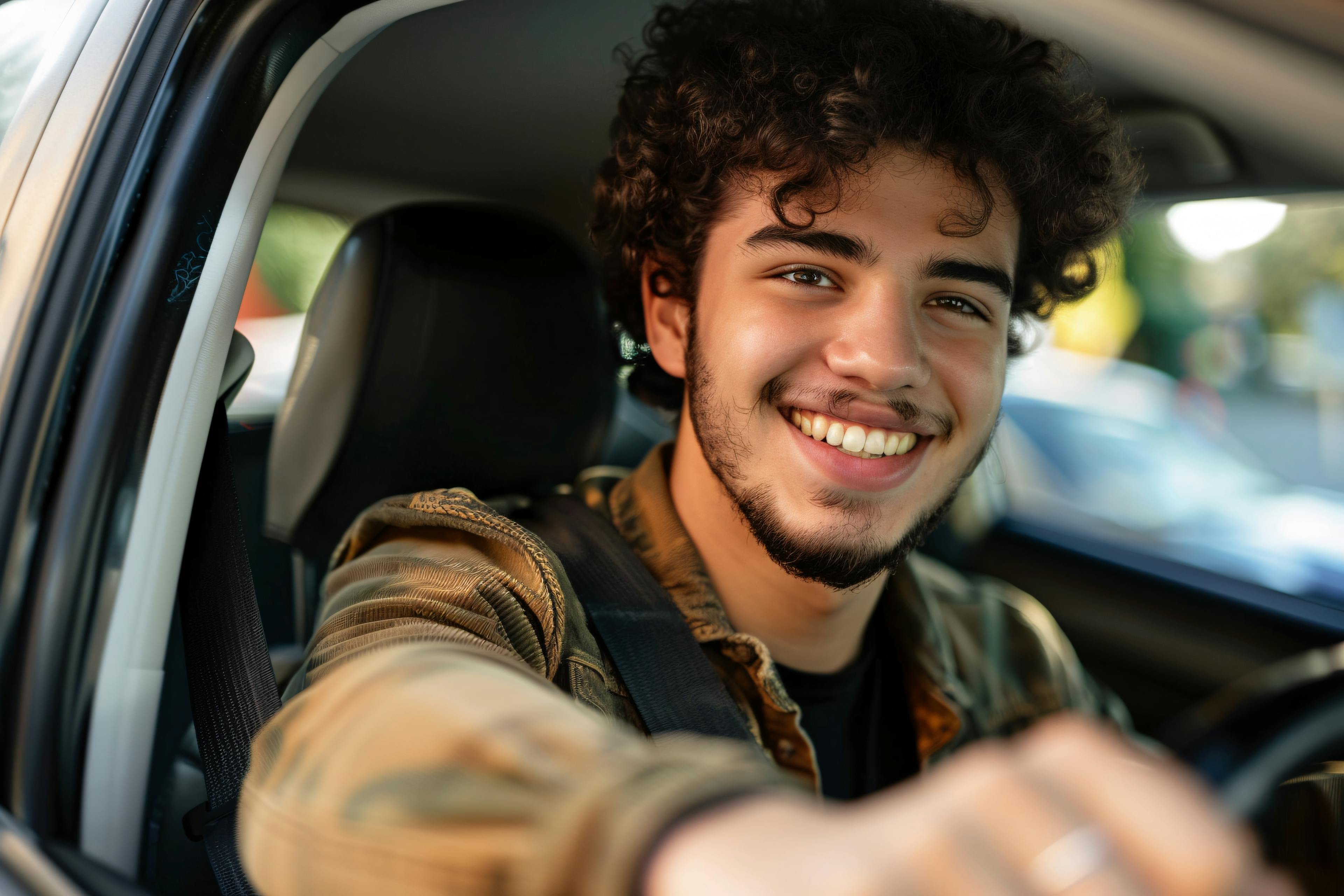 Young man smiling in a car