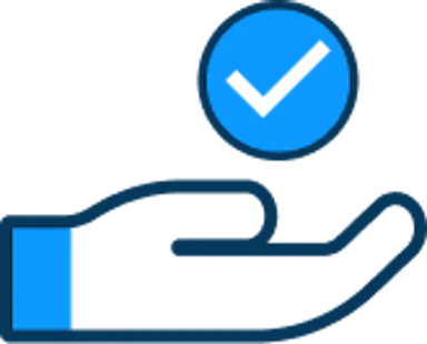 a single line dark blue icon of a hand holding a tick in a circle