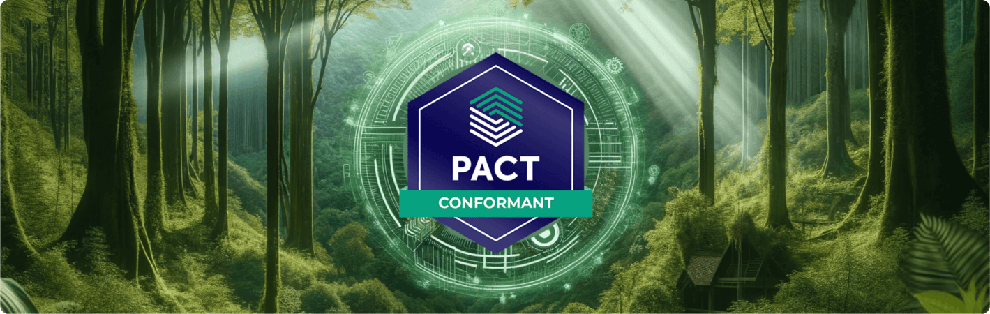PACT CONFORMANT badge with digital circuits over a forest with sunlight filtering through tall trees.