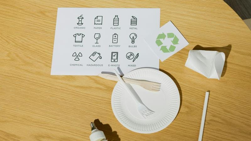 Sheet shows several recycling symbols over wooden table with eco-friendly utensils and recycling logo.