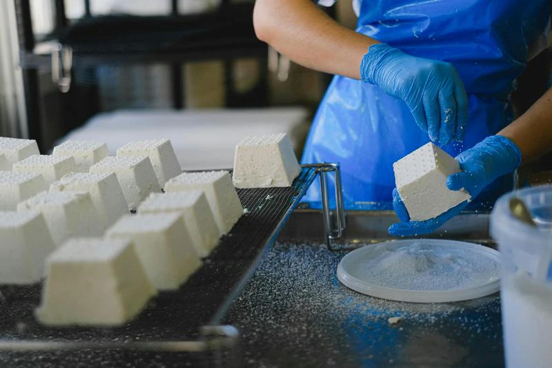 Person in blue gloves and apron handles cheese block over plate of salt; other cheese blocks on rack.