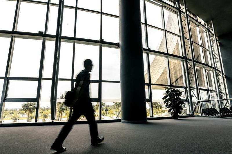 Silhouette of person walks past large glass windows; palm trees visible, enhancing spacious, sunny setting.