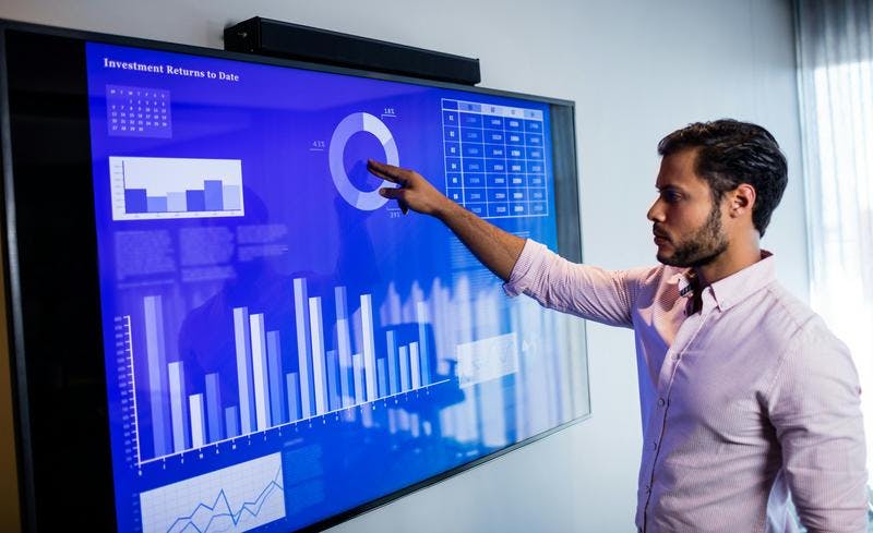 Man uses touchscreen with graphs and charts, labeled "Investment Returns to Date," in modern office.