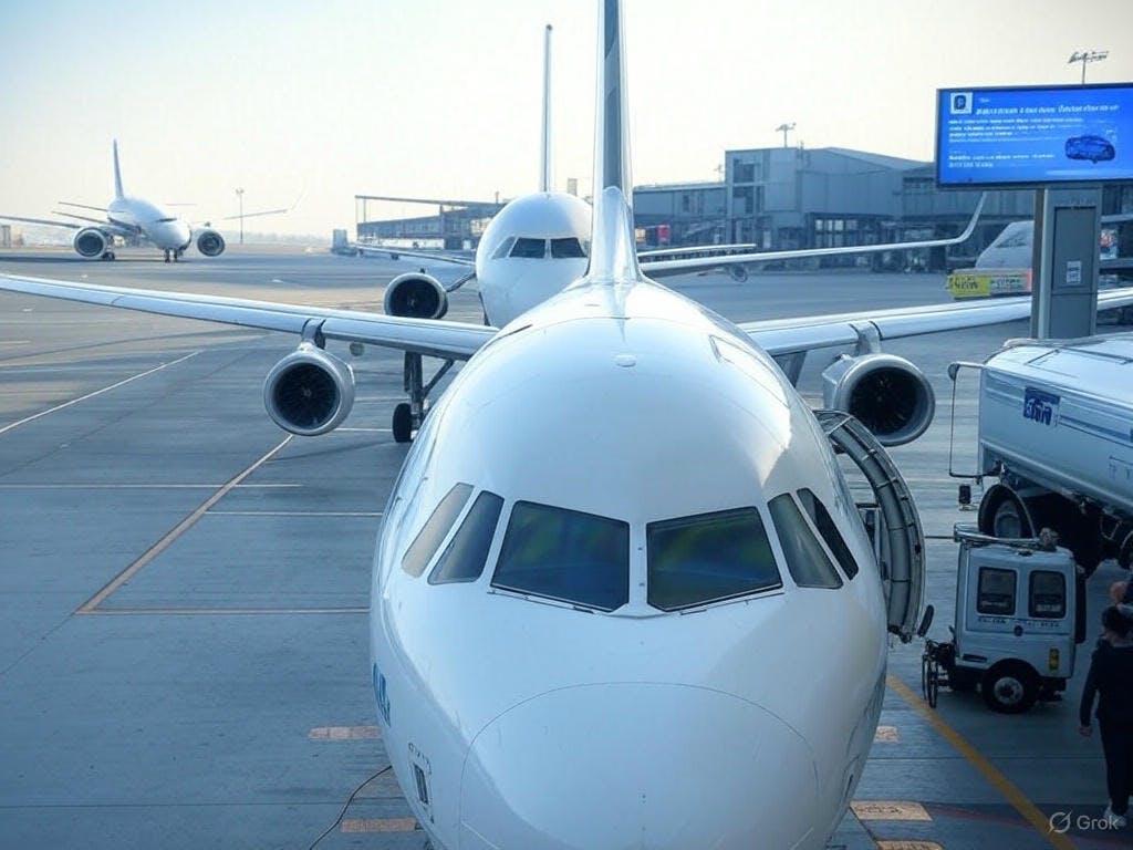 SAF refuelling, a departure board highlighting direct flights, and a contrast between economy and business seating