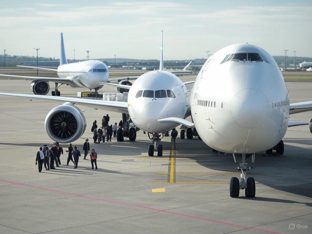 a modern Boeing 787, an older 747, a digital screen displaying airline efficiency ratings, and passengers boarding with emphasis on seating density and cargo share