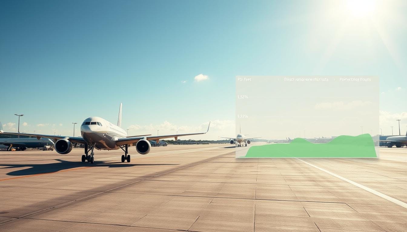 airport and flight scene showing a direct polar route on a map, a Boeing 787-8 taxiing, and a digital screen comparing CO₂ emissions for different flight paths