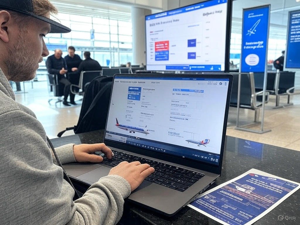 a traveller comparing carbon footprints on Google Flights, with visuals of different aircraft emissions, RFI adjustment, and low-emission route options