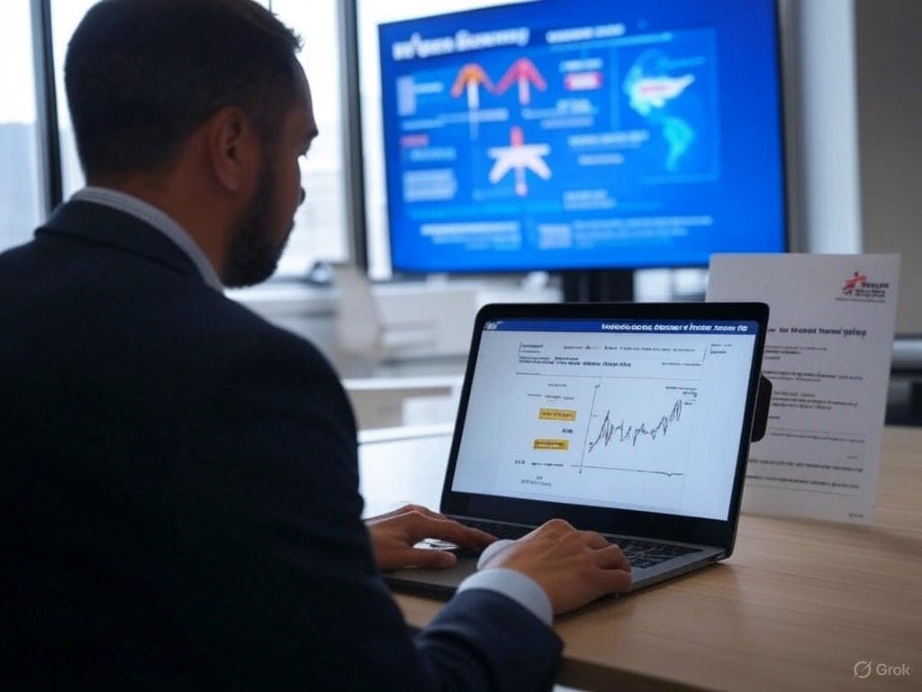 a business traveller reviewing a sustainable travel policy, with visuals of emissions comparisons, savings projections, and employee engagement tips.