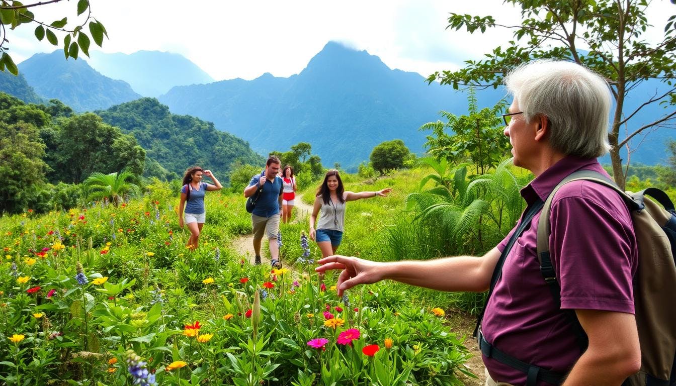 Conscious travellers on a sustainable adventure, featuring wildlife encounters, cultural immersion, and conservation efforts with pricing options and certifications displayed