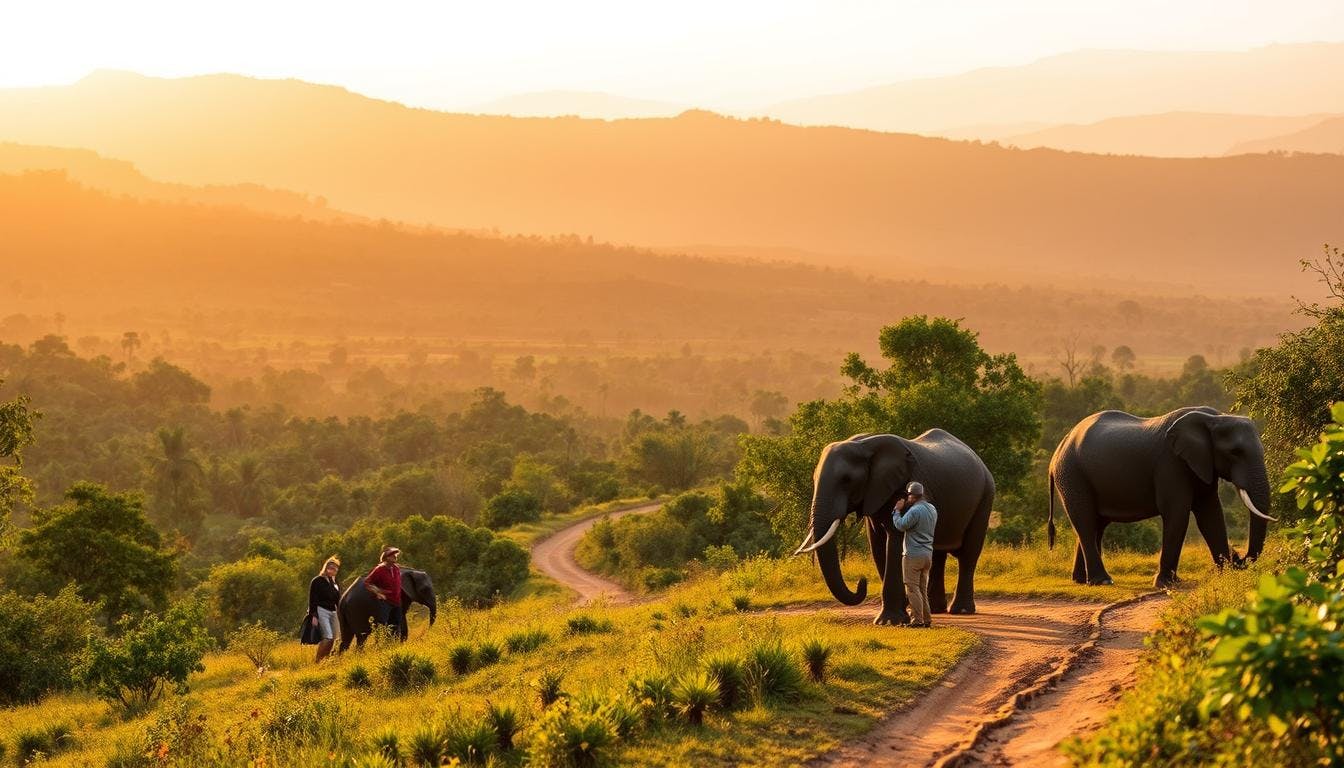 Wildlife enthusiasts engaging in conservation activities, including elephant tracking in South Africa, marine conservation in the Galapagos, and species protection projects at various sanctuaries