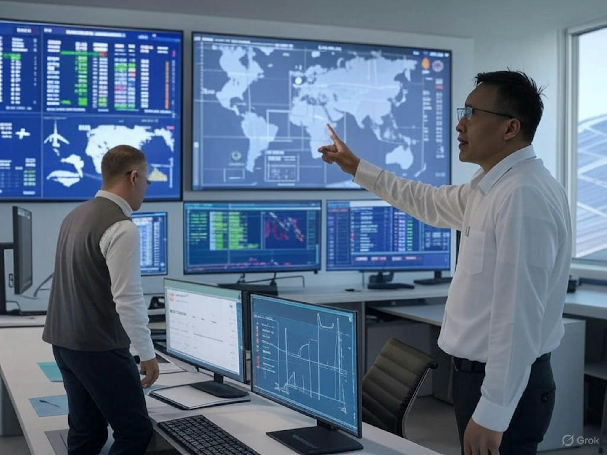 Analysts track travel-related carbon emissions on large screens, monitoring reductions and verified offset projects worldwide.