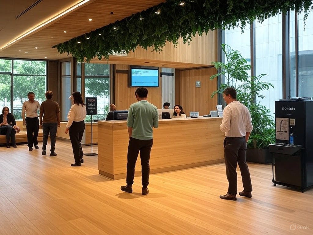 A sustainable hotel reception with digital carbon tracking, sustainable design, and guests engaging with responsible travel initiatives.