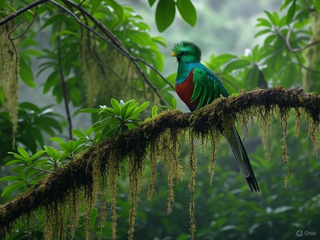 Misty cloud forests of Monteverde with a resplendent quetzal, guided tours, nocturnal wildlife, highlighting Costa Rica’s biodiversity and conservation