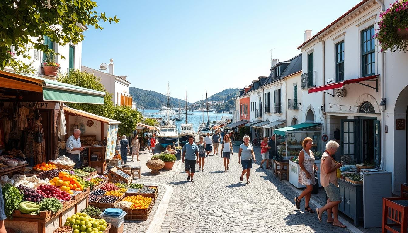 travellers dining at a family-run restaurant, browsing handmade goods at an artisan market, and engaging with a local guide on a cultural tour