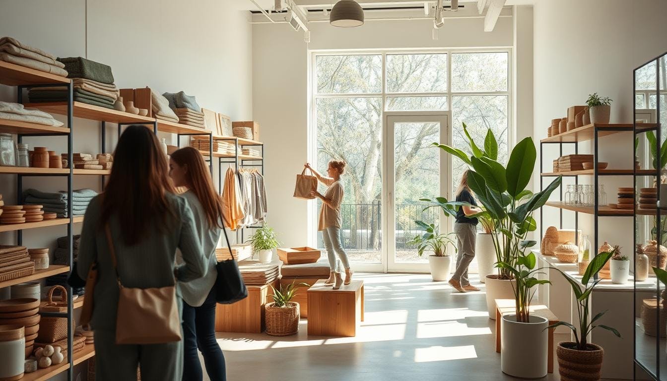 thoughtful shopping, featuring locally made Fair Trade souvenirs, upcycled clothing, a reusable bag, and a traveller browsing sustainable fashion