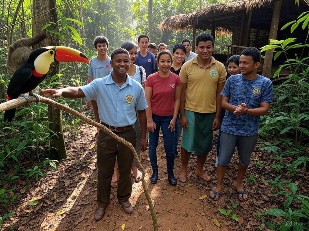 A local guide leads travellers through a rainforest, sharing ecological and cultural insights while supporting the community.