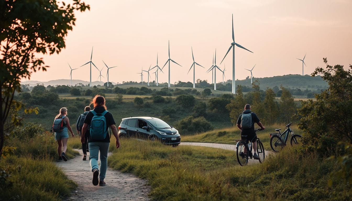 Graphic comparing the CO₂ emissions of different transportation options: rail travel (35g/km) vs domestic flights (246g/km), with examples of rail travel emissions for routes like New York to Washington DC (52kg CO₂), Chicago to St. Louis (38kg CO₂), and Los Angeles to San Diego (29kg CO₂)