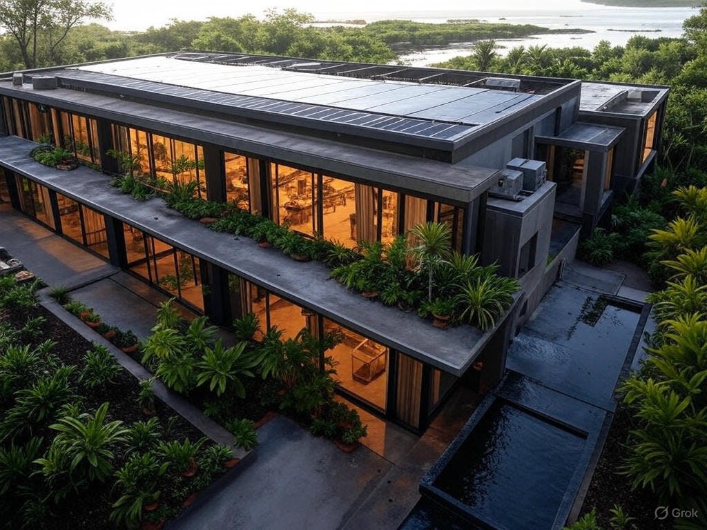 Realistic depiction of a sustainable hotel with solar panels, rainwater harvesting, native gardens, and energy-efficient systems, set in a serene, environmentally conscious environment.