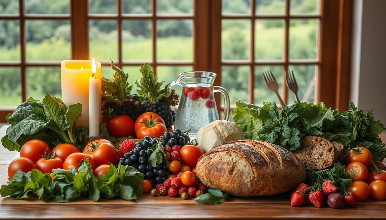 Realistic scene of a sustainable restaurant featuring locally sourced meals, MSC-certified seafood, a zero-waste station, and diners choosing mindful portions at a buffet.