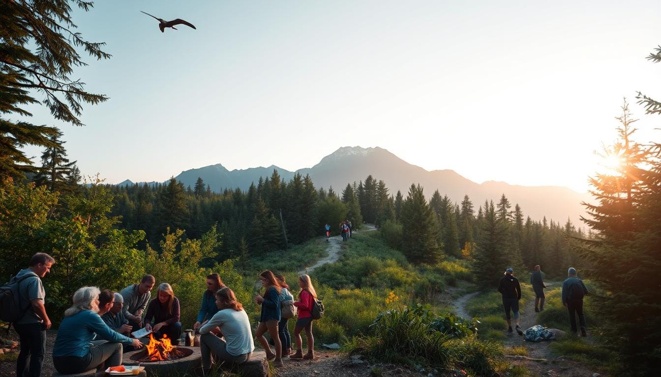 responsible travel, featuring electric tuk-tuks, ethical wildlife sanctuaries, coral reef-friendly diving, and silent hikers on a marked trail