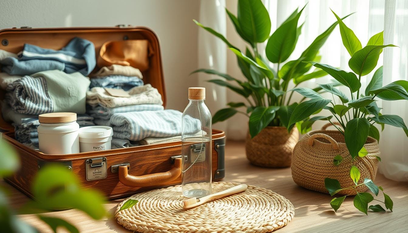smart packing with reef-safe sunscreen, solid toiletries, a reusable water bottle, plastic-free essentials, and a light suitcase ready for travel.