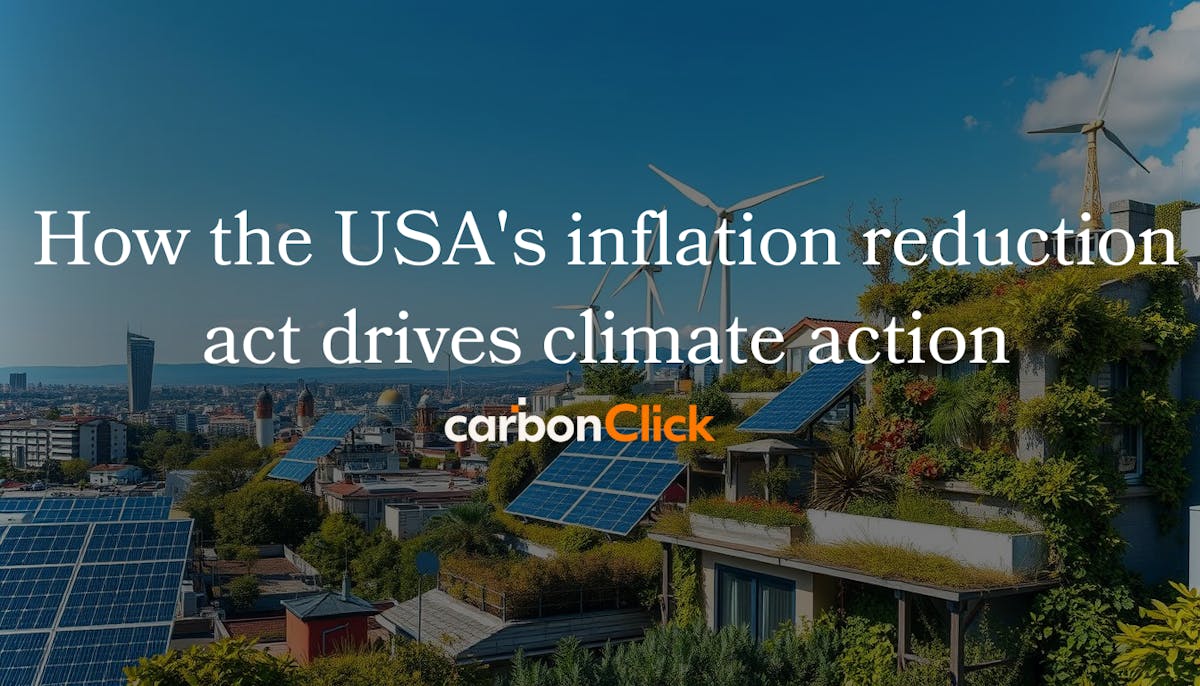 A vibrant urban landscape featuring solar panels and wind turbines alongside modern buildings with green rooftops, surrounded by lush greenery and clear blue skies, symbolising the positive impact of the Inflation Reduction Act on climate action and sustainable development in the USA.