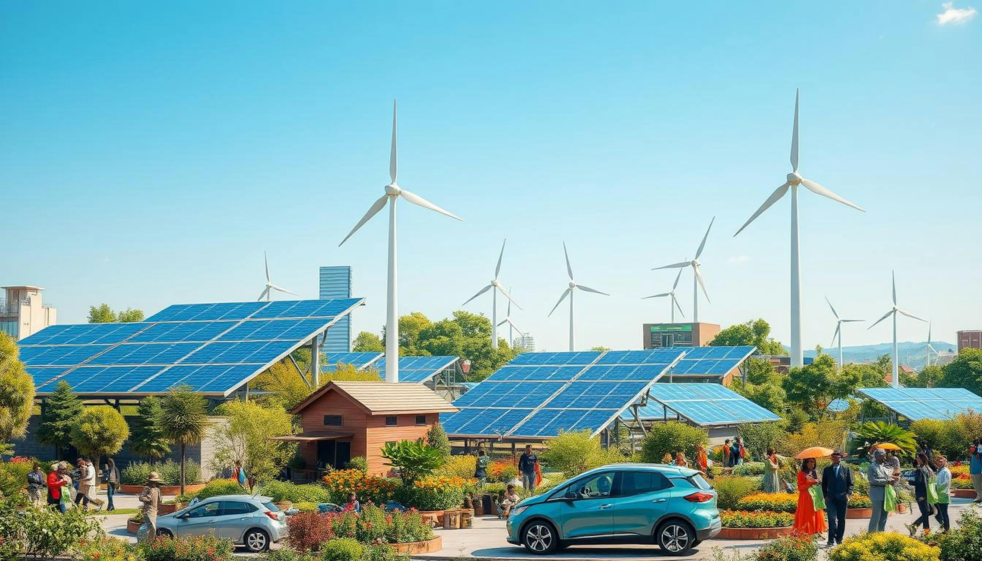 Solar panels, wind turbines, and electric vehicles representing the growth of renewable energy through financial incentives in the U.S.