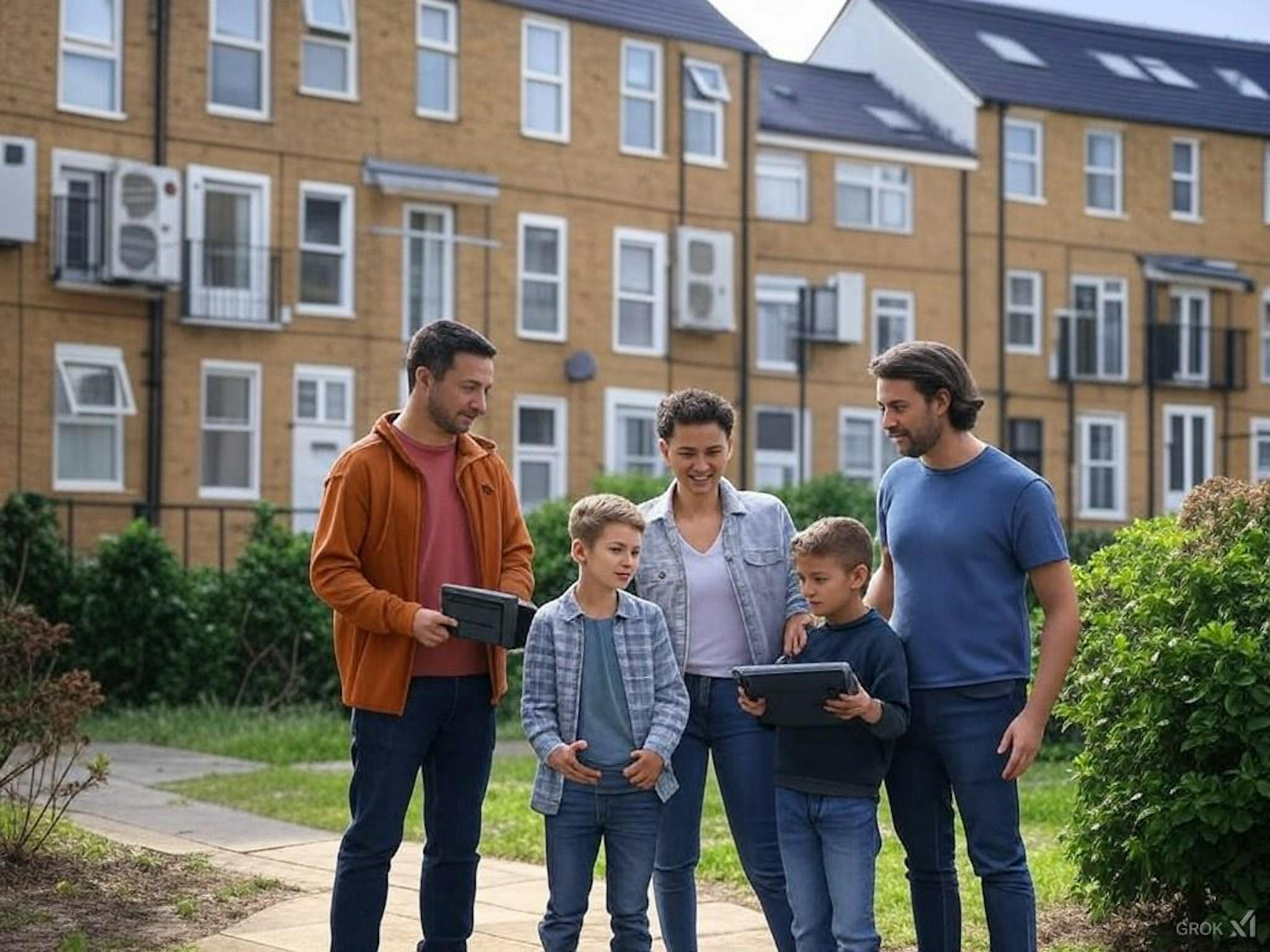 London housing estate blending 1900s heritage buildings with modern heat pump technology, showcasing the integration of renewable energy systems in residential properties for sustainable heating