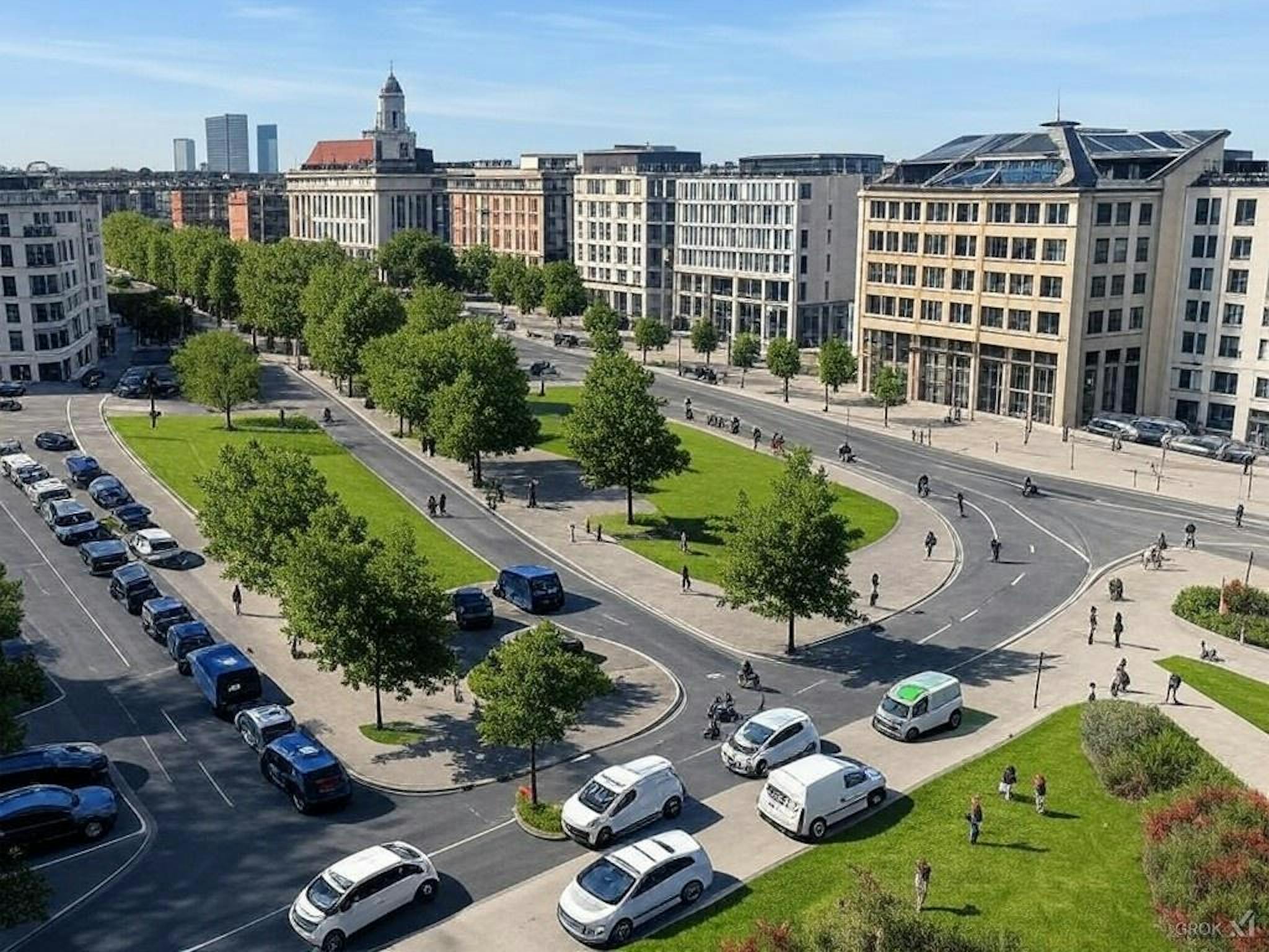 A European cityscape featuring sustainable infrastructure, including solar panels, electric vehicles, cycling lanes, and energy-efficient buildings.