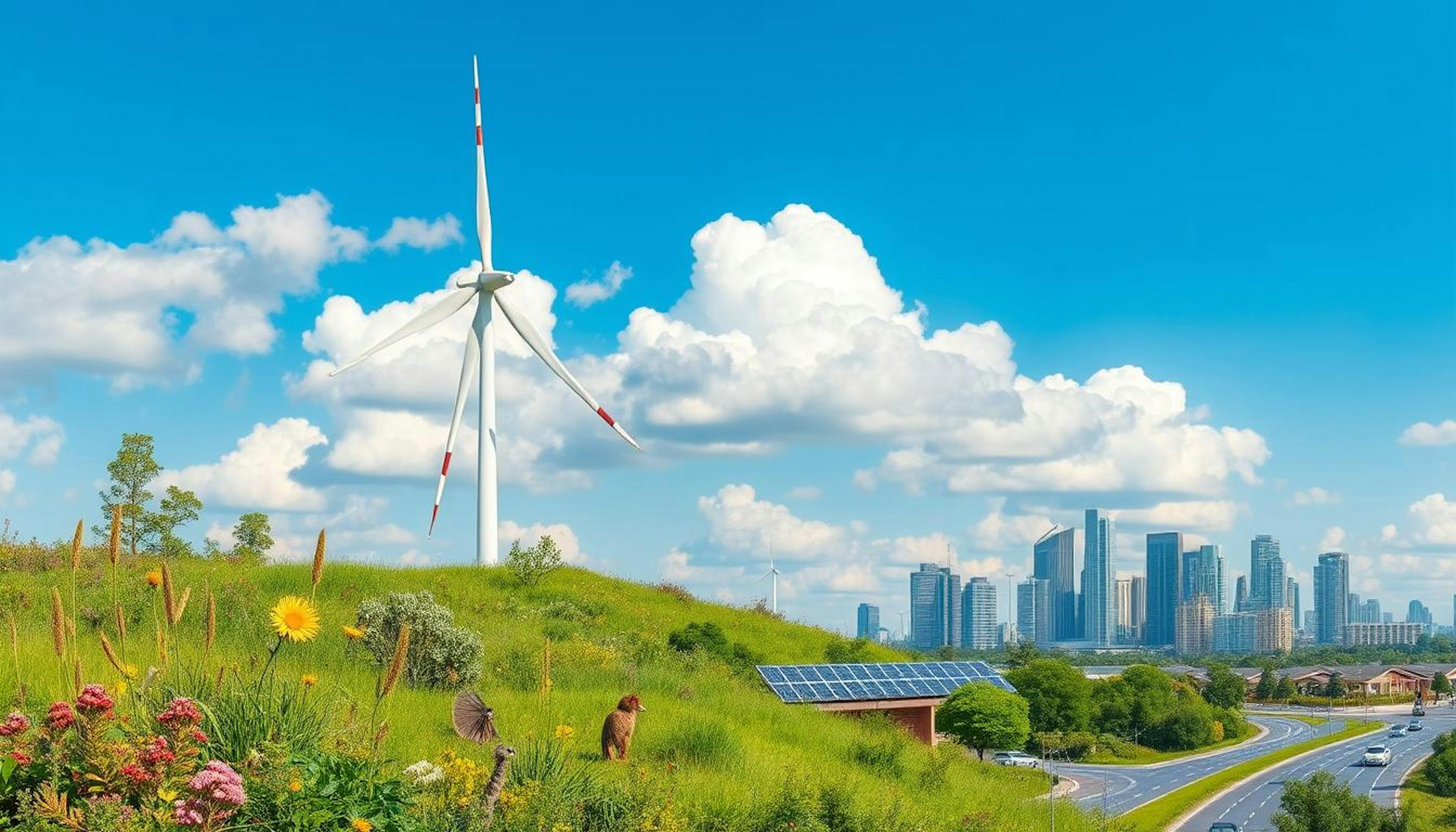 A sustainable cityscape with wind turbines and solar panels, symbolising the EU's efforts to reduce carbon emissions and increase renewable energy adoption.