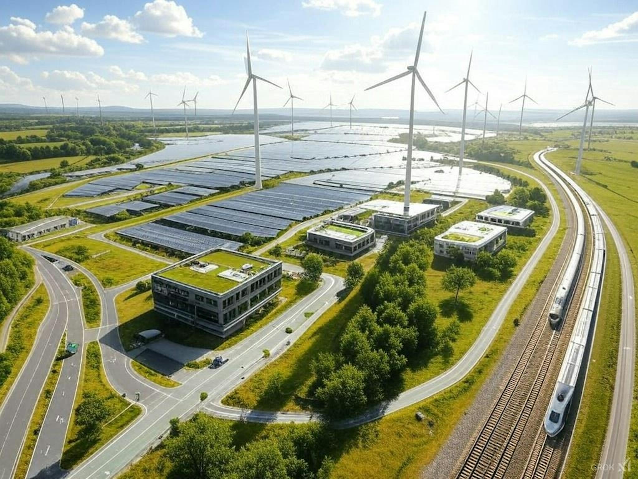 cityscape powered by solar panels and wind turbines, showcasing the EU's efforts to reduce carbon emissions and integrate renewable energy.