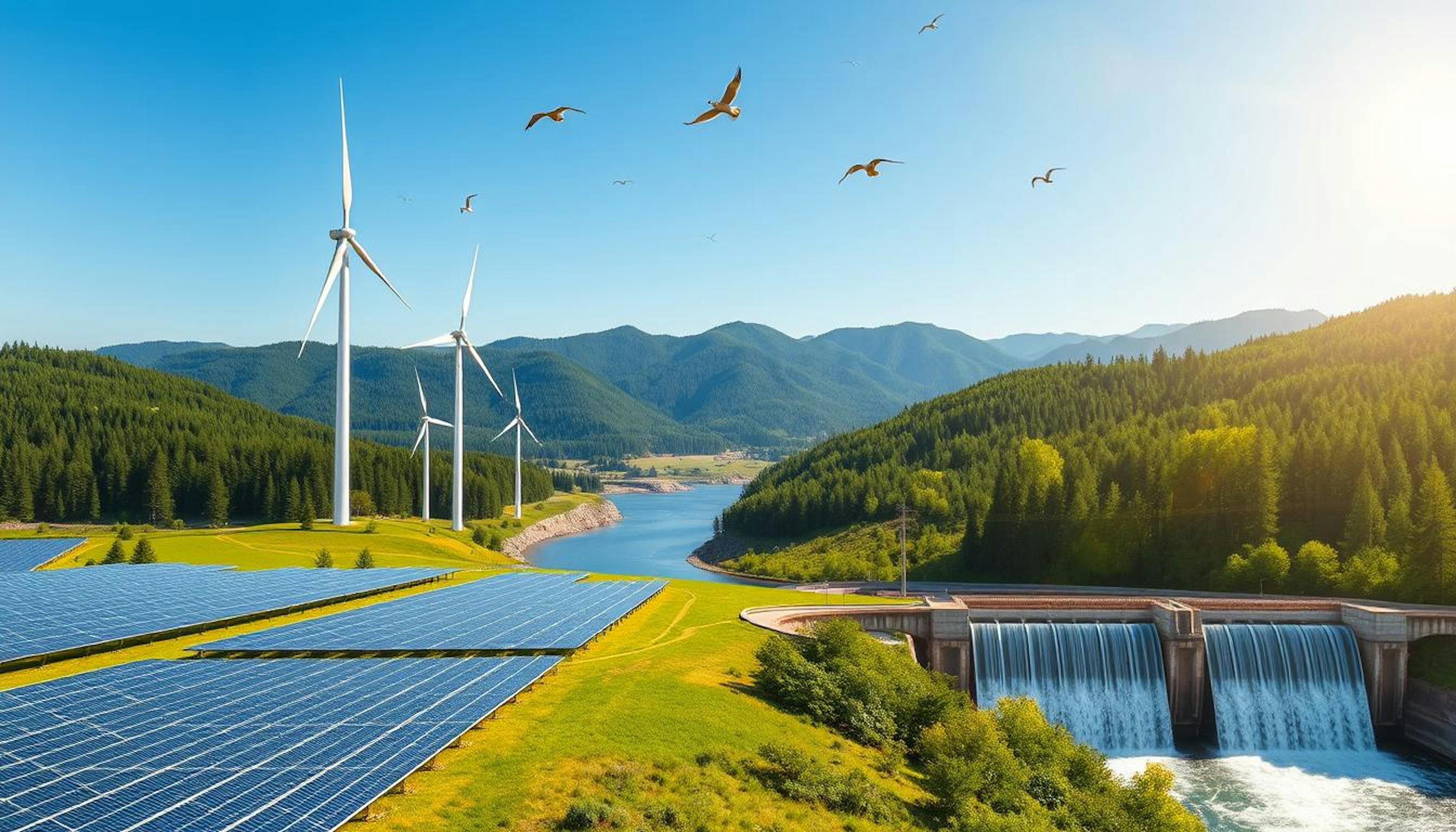 A forward-looking landscape with wind turbines and solar panels, representing the EU's push for renewable energy integration and enhanced energy efficiency.