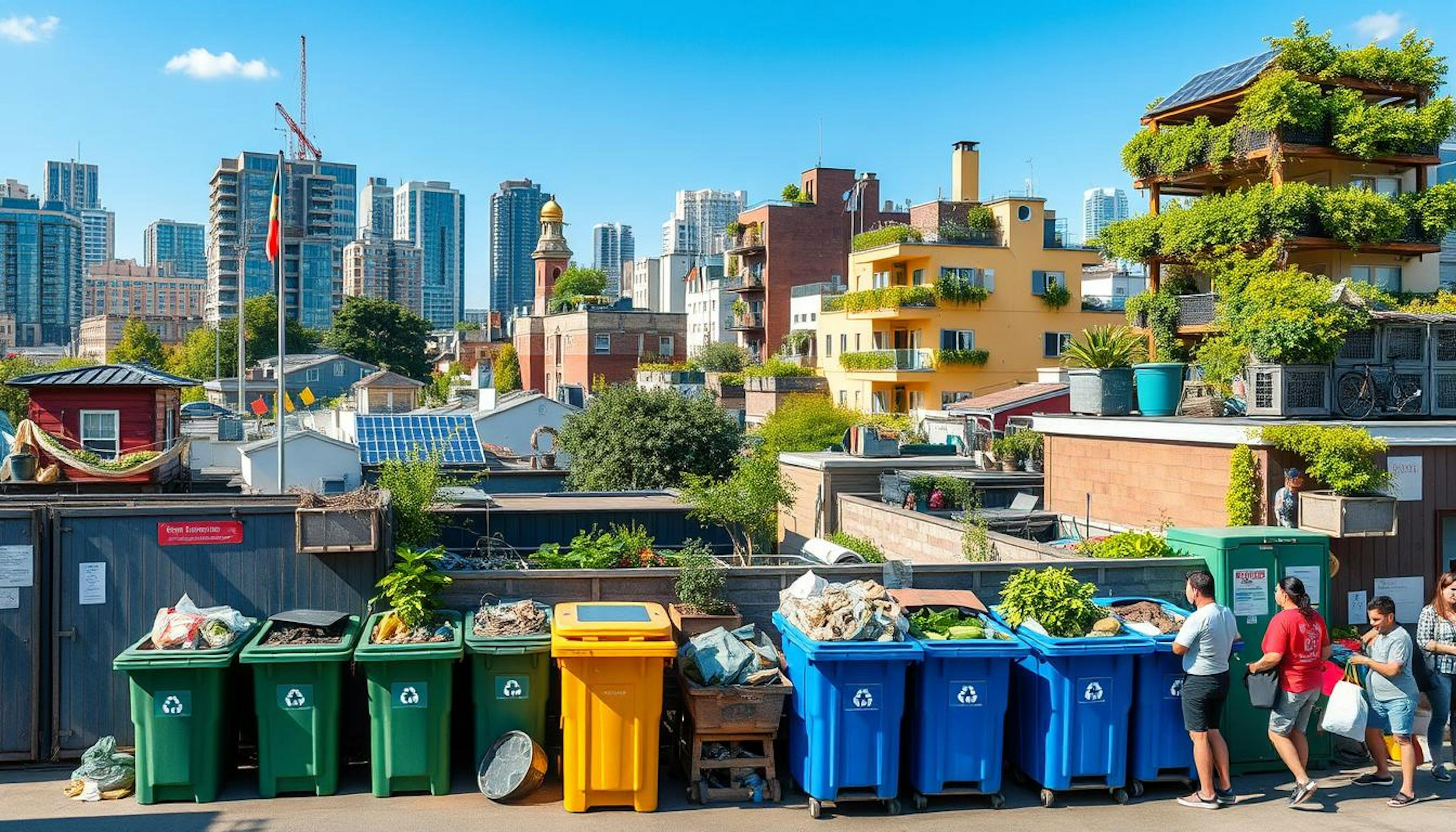 A sustainable waste management system with recycling facilities and waste-to-energy plants, illustrating the EU's push towards a circular economy and reduced landfill waste.